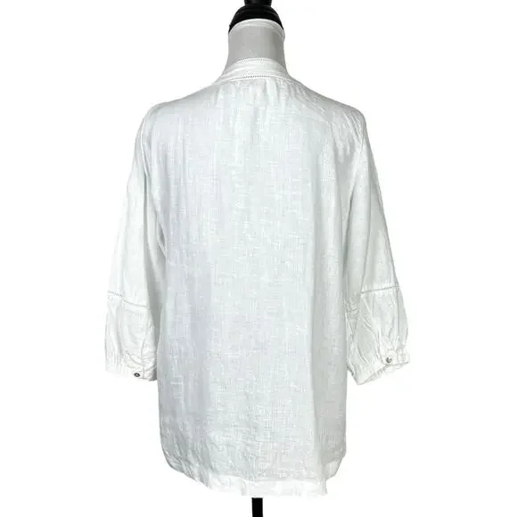 Joie | White 100% Linen Eyelet Detail V-neck 3/4 Sleeve Casual Tunic Top - Picture 3 of 12